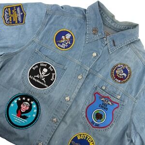 Kikomo Denim Military Shirt 18W/18M US Navy Veteran Custom Patches Short Sleeve